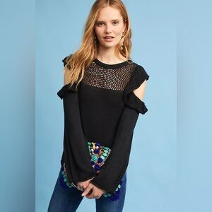 Anthropologie Maeve‎ Black Ruffle Open Shoulder Cold Shoulder Sweater